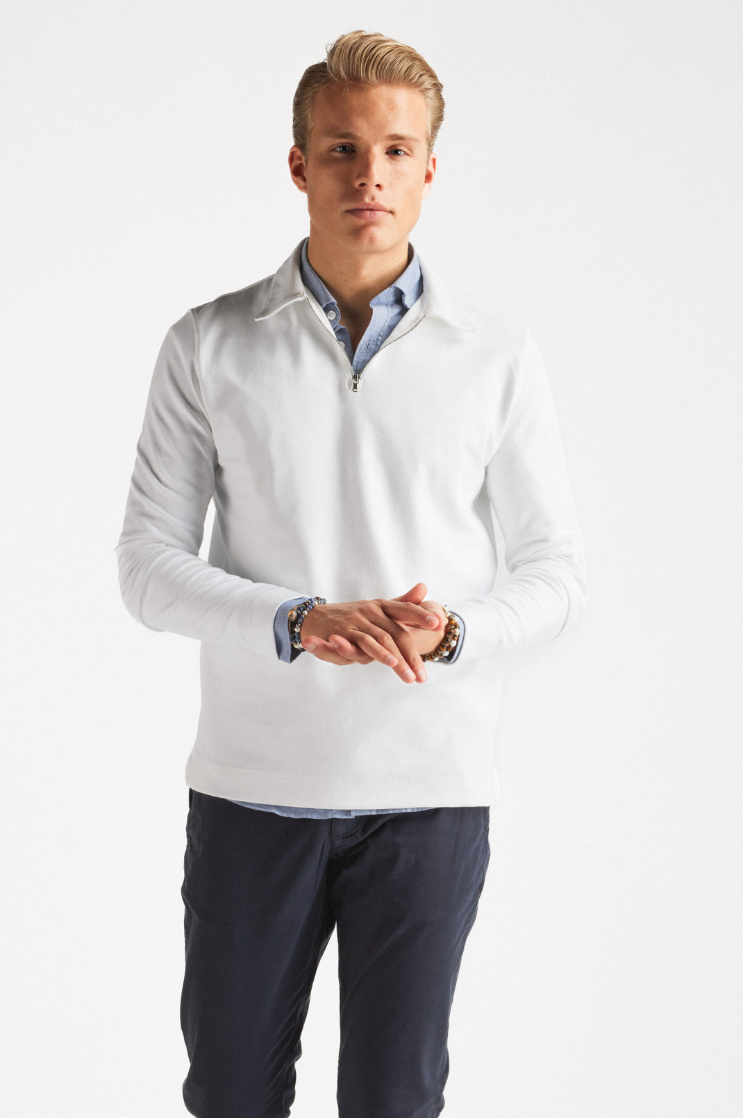 Zip Polo Long Sleeve White